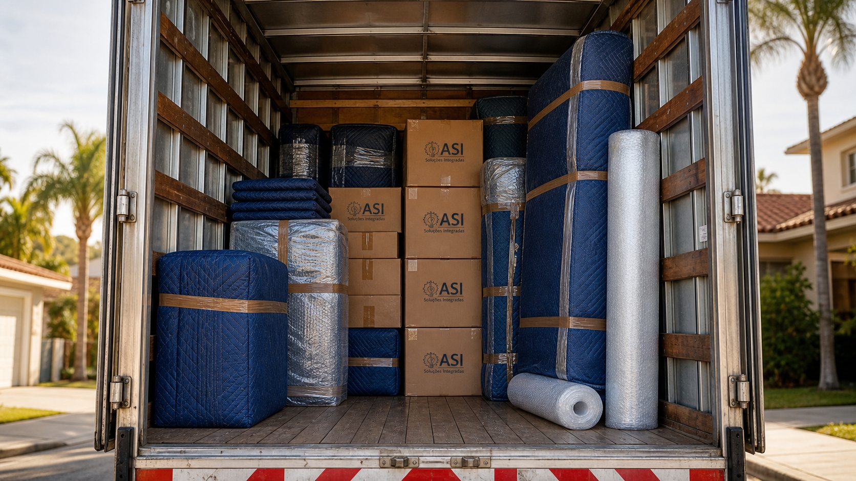 Baú aberto do caminhão ASI com caixas e móveis protegidos por mantas