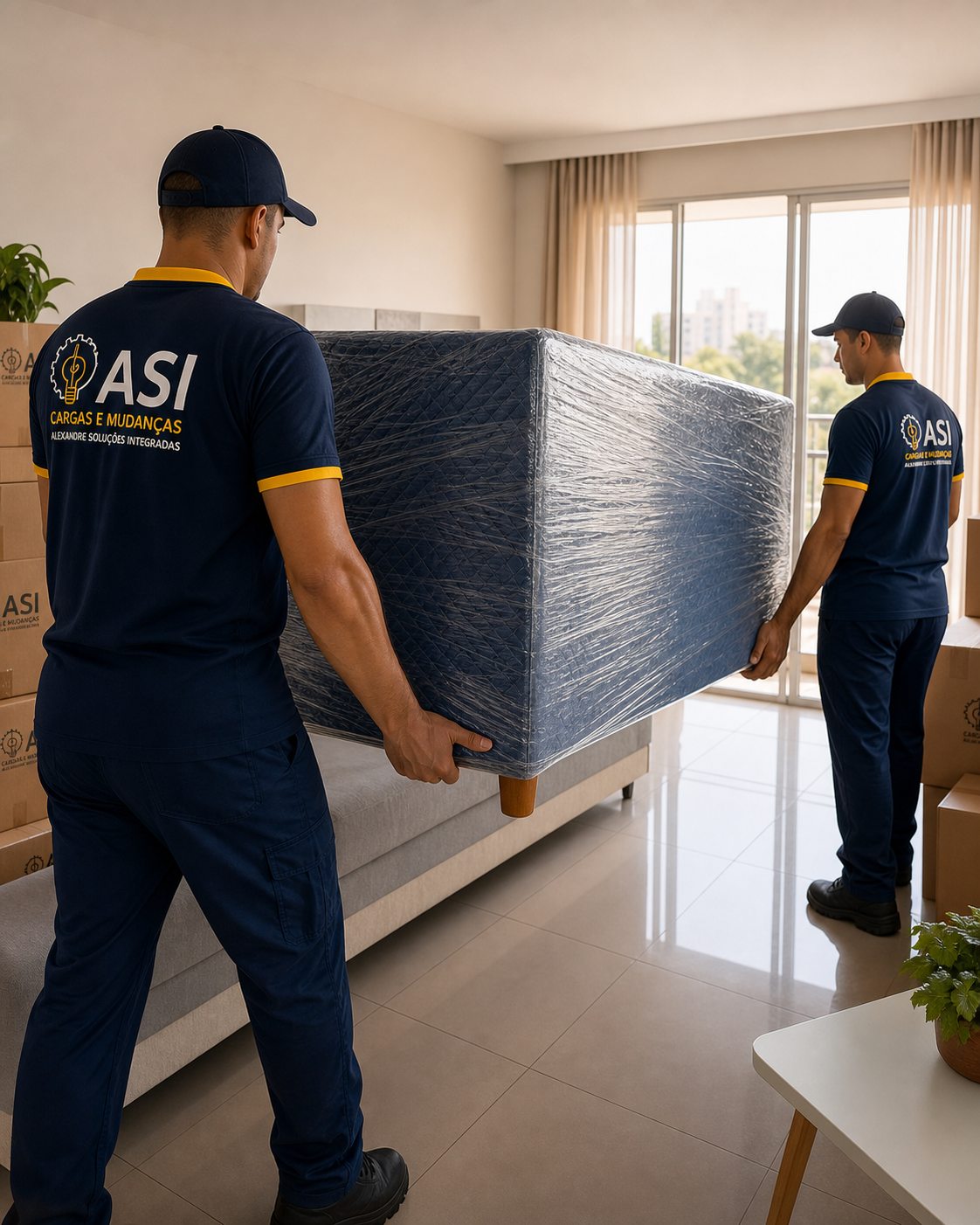 Equipe da ASI carregando móvel protegido em uma mudança residencial