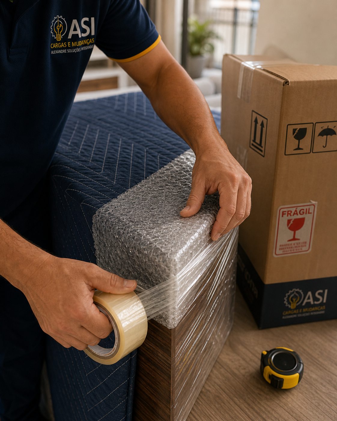 Profissional da ASI embalando item frágil com proteção